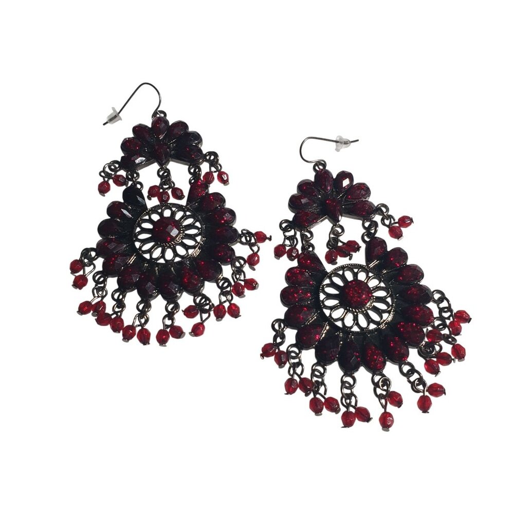 Red Black Filigree Dangle Earrings Floral Design Lightweight Chandelier Hook